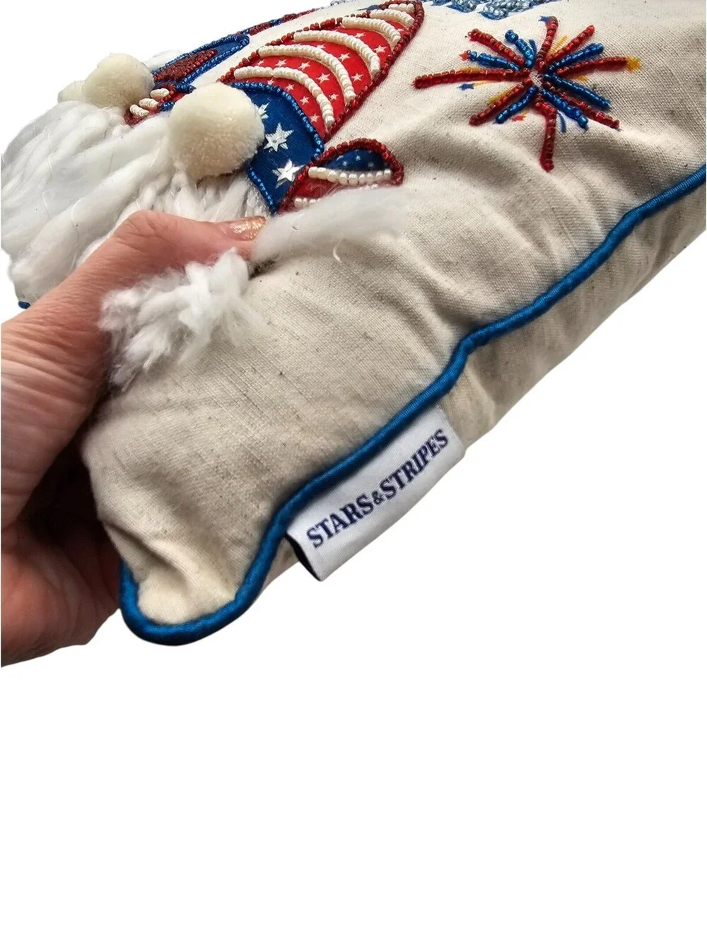Stars and Stripes Patriotic Throw Pillow Gnome Free To Sparkle Beaded